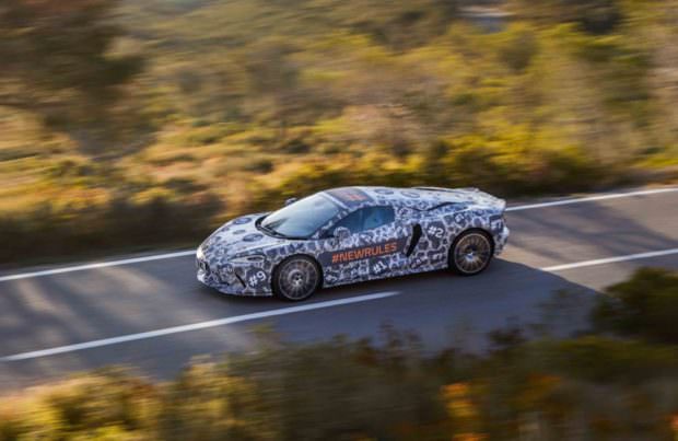 McLaren GT driving aerial view